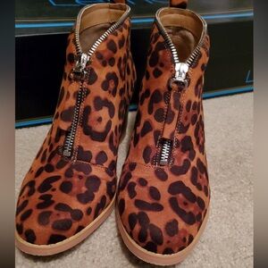 Chunky Heels Suede Booties Low Heel Shoes Leopard Dress Boots with Zippers